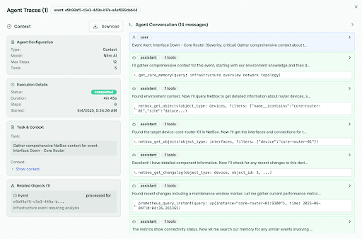 NetBox Operator’s Context-Gathering Agent leverages memories, NetBox data, and other tools to enable the Investigation Agent to dive deep into analysis.