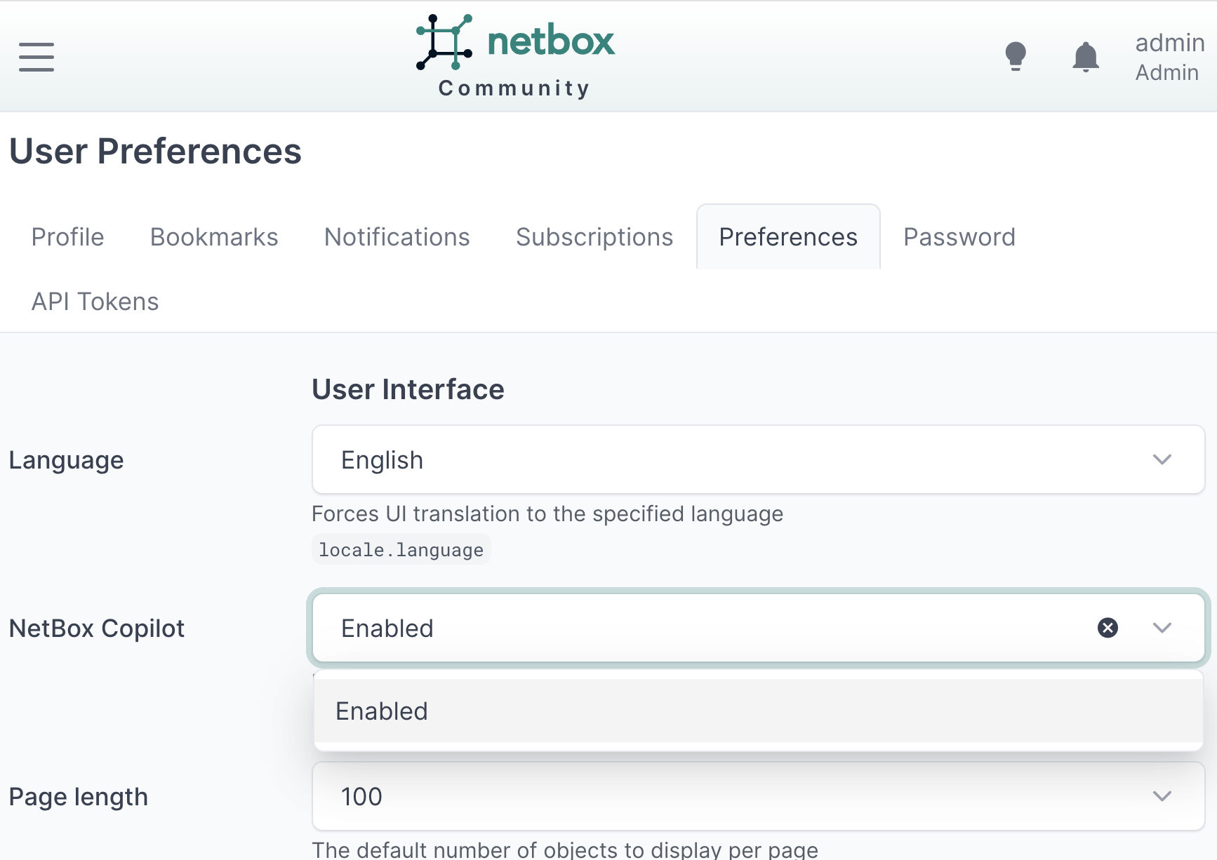 NetBox Copilot preference in User Preferences
