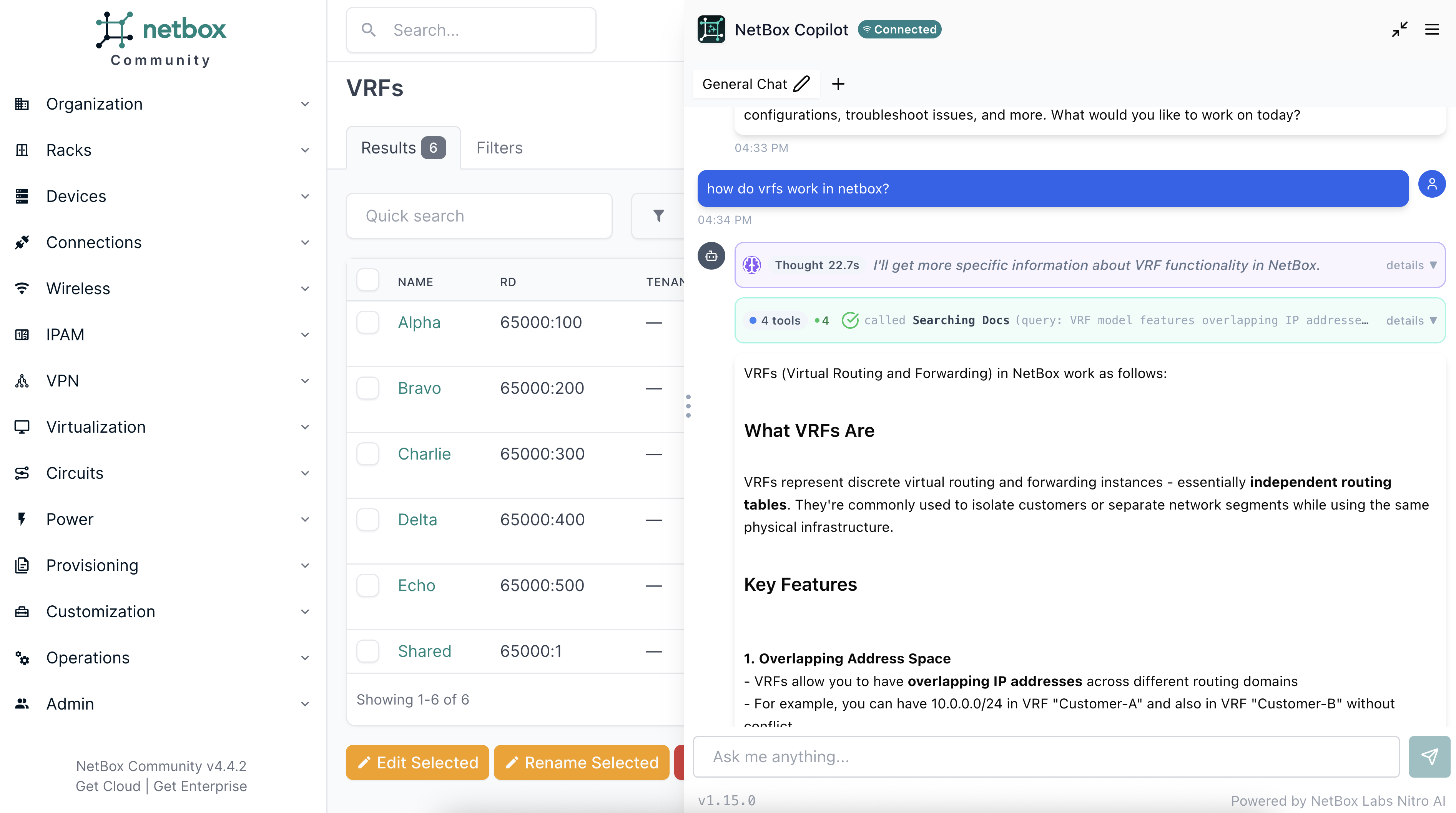 Ask NetBox Copilot a question about NetBox or your data and it will hunt down the answer